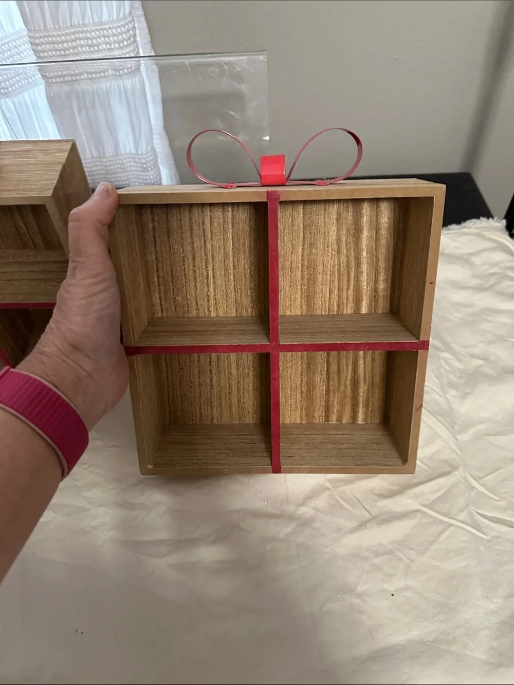 Set of 2 Wooden 4-Compartment Shelf Boxes  with Bow Accents